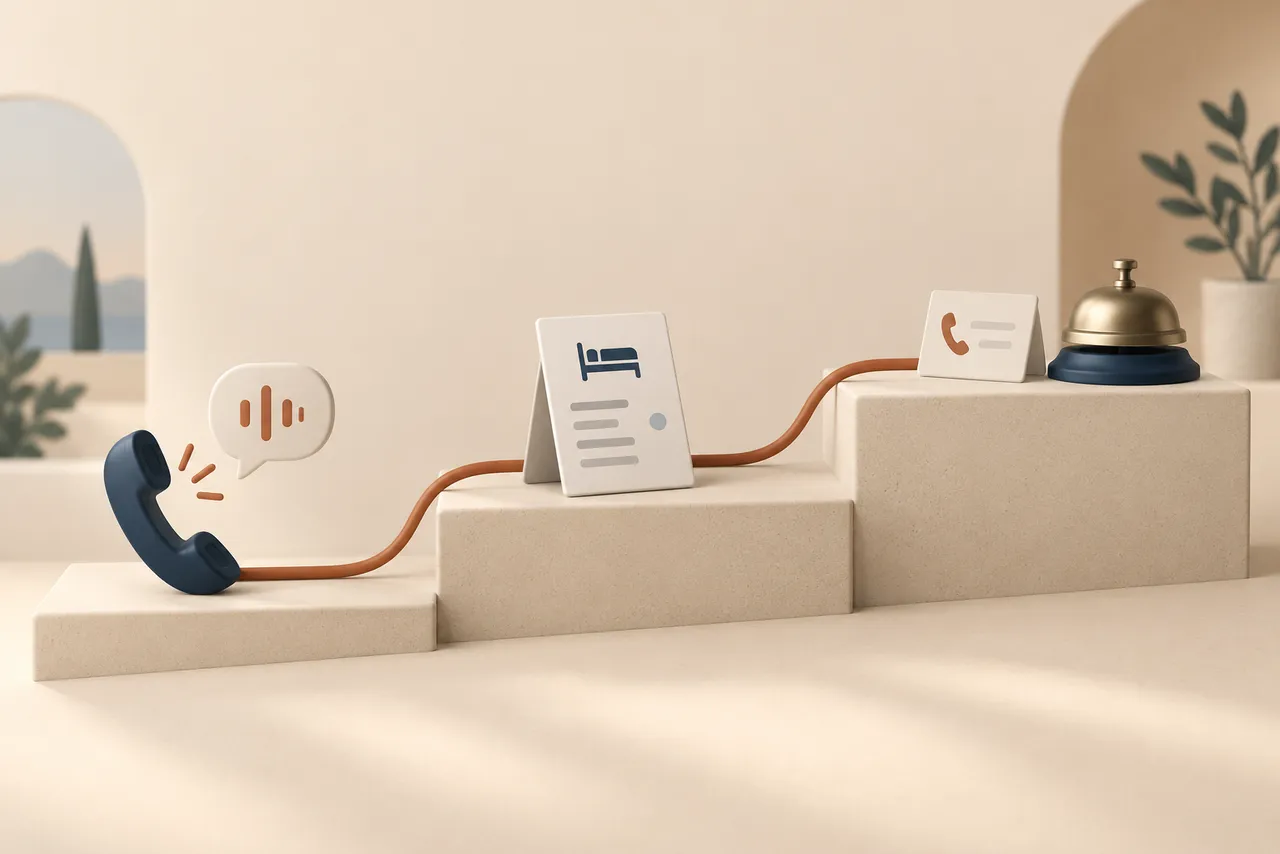 Un téléphone d’hôtel relie un client, un établissement alpin et une réceptionniste qui reprend l’appel