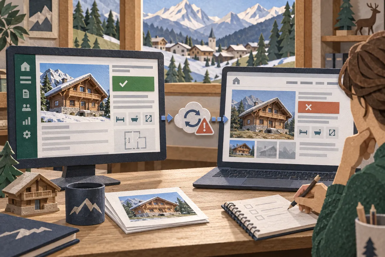 Une agente compare la fiche source d’un chalet et son annonce restée ancienne sur le site immobilier