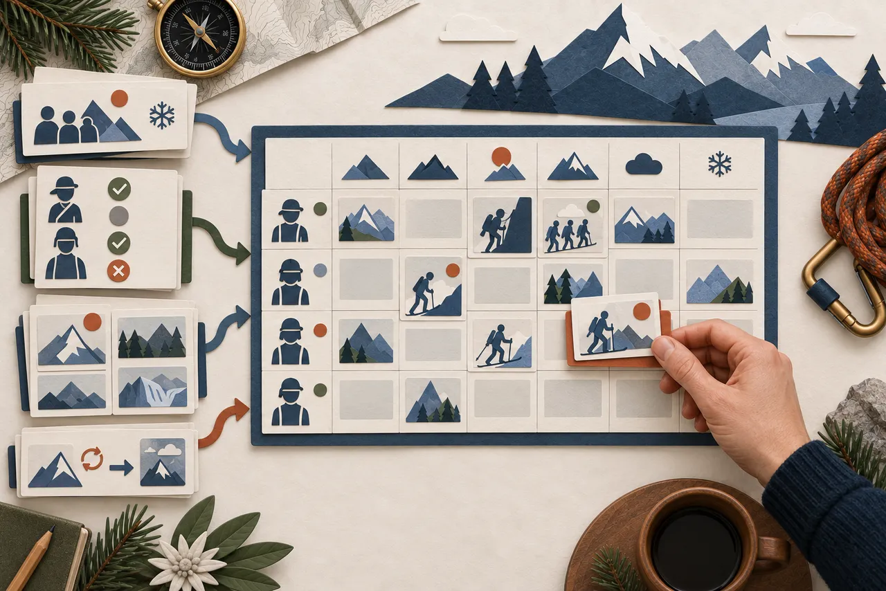 Une main déplace une carte de course dans le planning en papier découpé d’un bureau de guides