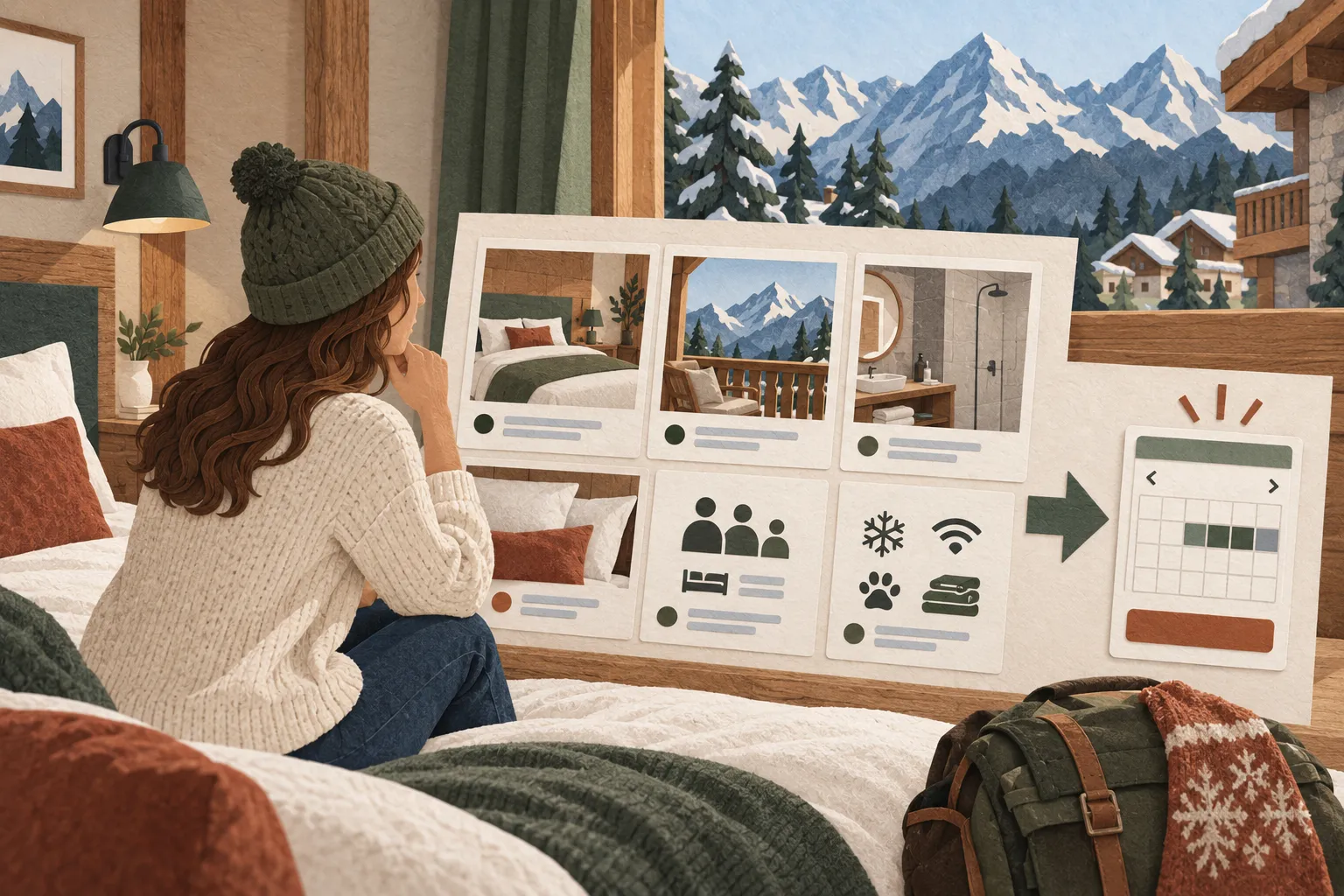 Une voyageuse compare les informations d’une chambre d’hôtel avant de passer au calendrier de réservation